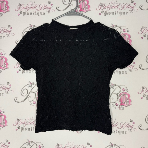 La senza tshirt lace mesh floral flowers black mock neck crop top style luxe - Picture 5 of 8